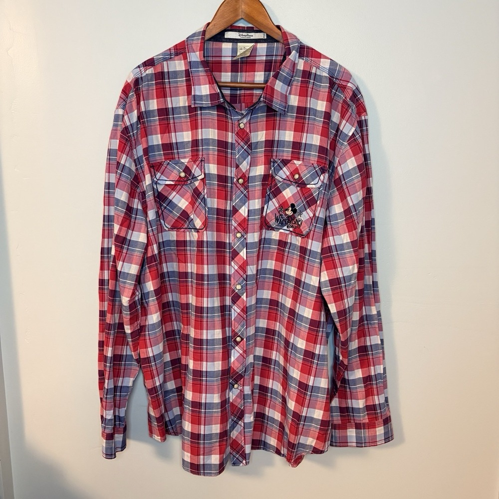 Walt Disney Parks Mickey Mouse Pearl Snap Red Plaid Western Shirt‎ Sz XXL Mens